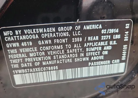 2014 Volkswagen Passat Se z USA, uszkodzony, nr VIN 1VWBS7A3XEC078695